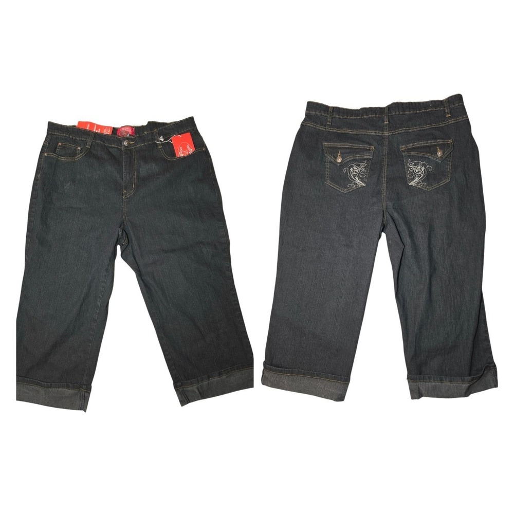 Dark Wash Straight Leg Cuffed Capri Jeans Embroidered Embellished Pockets 18W